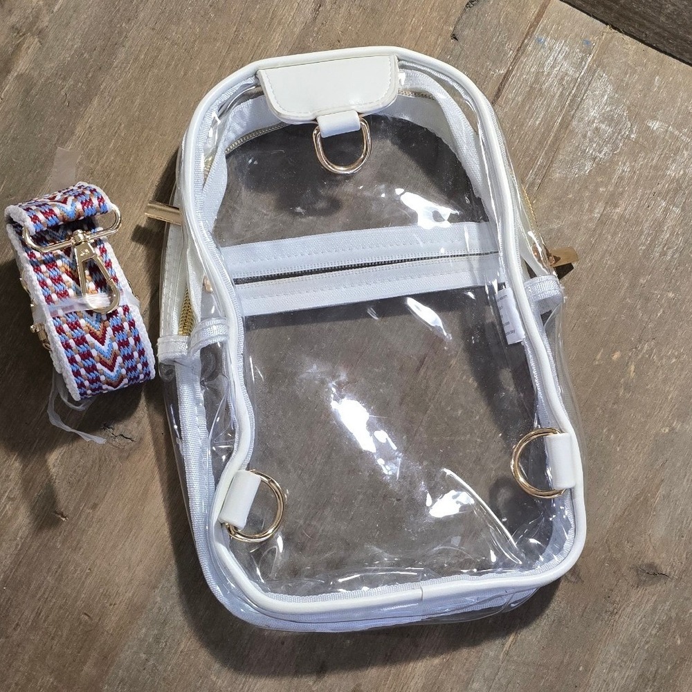 Clear Stadium Bag Convertible Backpack Crossbody with 2 Woven Straps White Trim - Picture 1 of 4